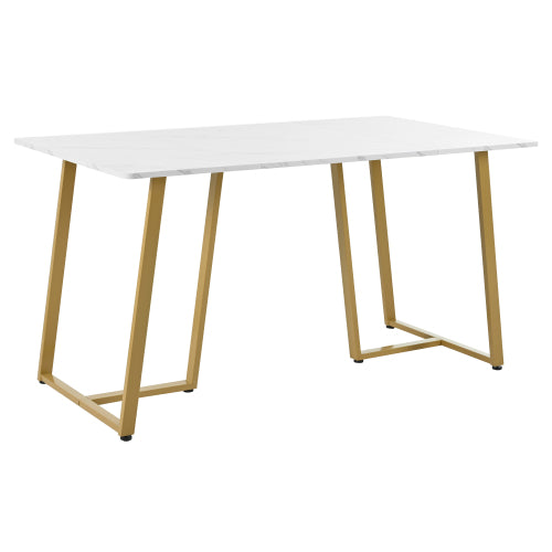 Modern Marble-Pattern Dining Table-Metal Frame, Adjustable Feet, White Golden for Dining Living Rooms