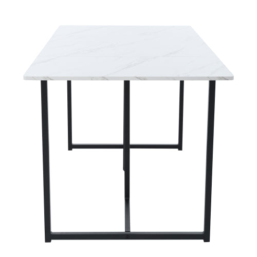 (p)Elegant Dining Table-White Marble Pattern, L-Shaped Metal Legs, Adjustable Feet, Black Accents