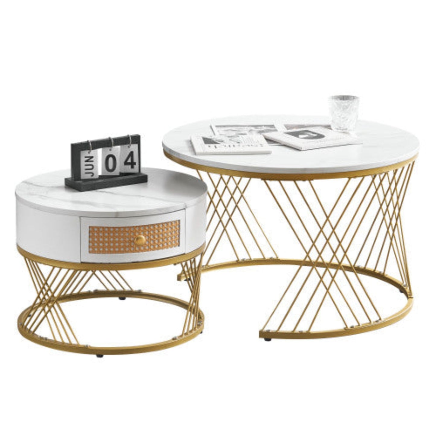 Elegant 2-Piece White Coffee Table Set- Marble Texture, Plastic Rattan Drawers, Gold Accents