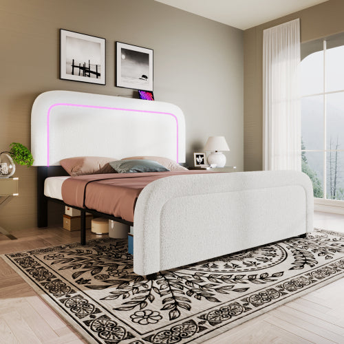 Sherp White Double Bed Frame-USB-C, LED, Adjustable Headboard, Storage