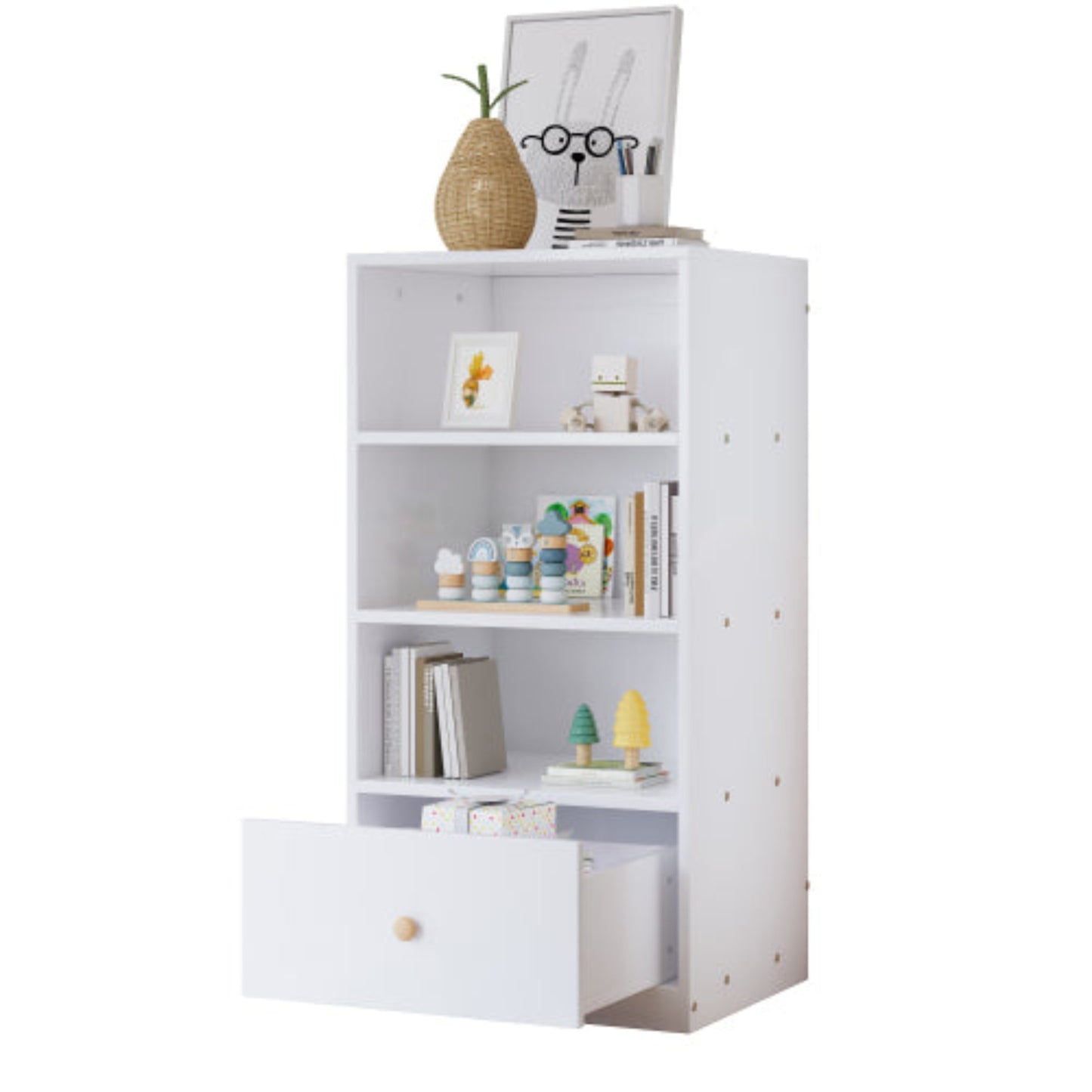 White MDF Bookcase,3 Shelves, 1 Drawer, Silent Glides,Bedroom Living Room