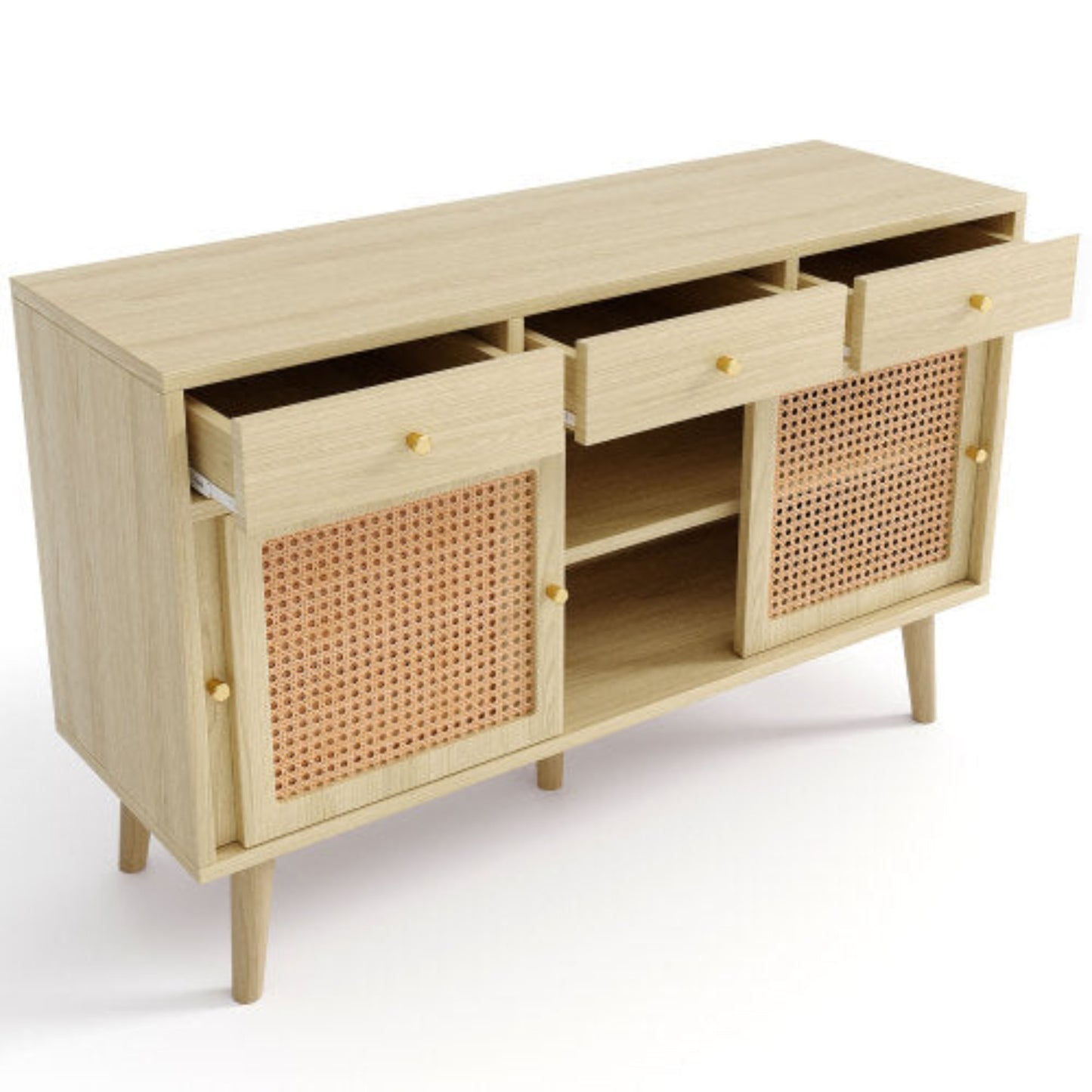 Oak sideboard with drawers and sliding rattan doors, solid wood legs, gold metal handles, adjustable shelves