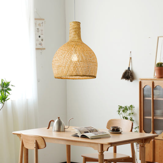(Q)Bamboo Woven Art Pendant Light, Rustic and Simple Handmade Woven Bamboo Pendant Light, Suitable for Bedrooms, Dining Rooms, and Kitchen Islands