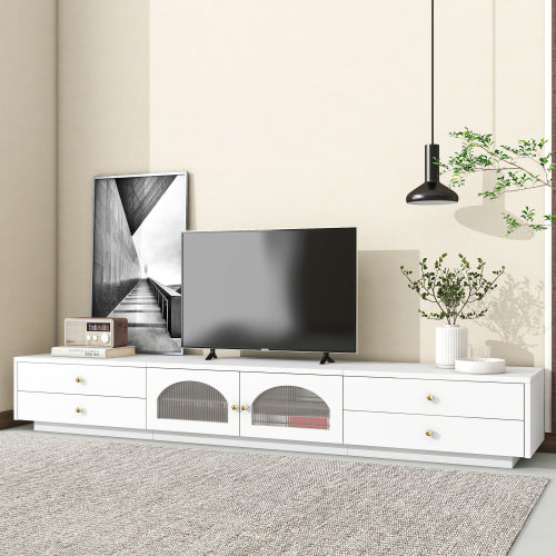 White TV Cabinet with 4 Drawers and 2 Glass Doors for 90 Inch TV