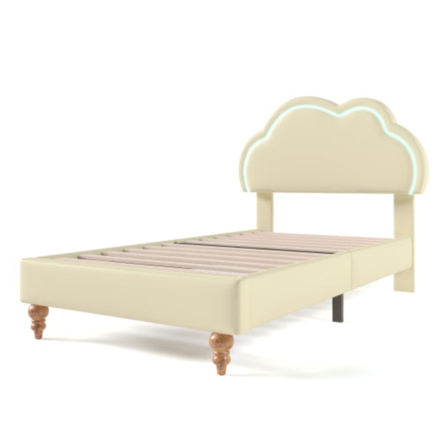 Cream PU Single Bed with LED, Upholstered Frame, Adjustable Cloud Headboard, Youth Bedroom-Guest Room