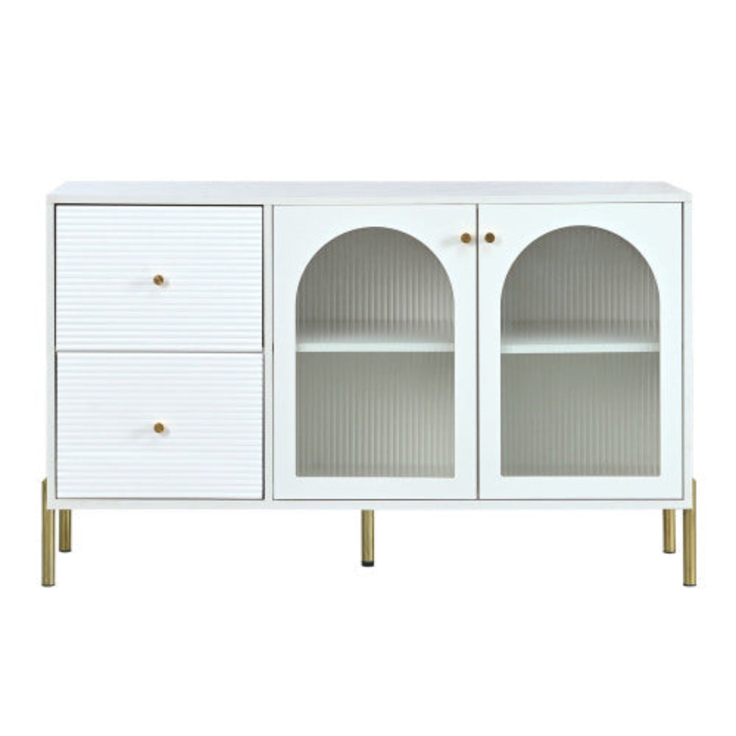 120cm White Gold Sideboard,Marble Top, Adjustable Shelves, 2 Doors, 2 Drawers, Glass Cabinet
