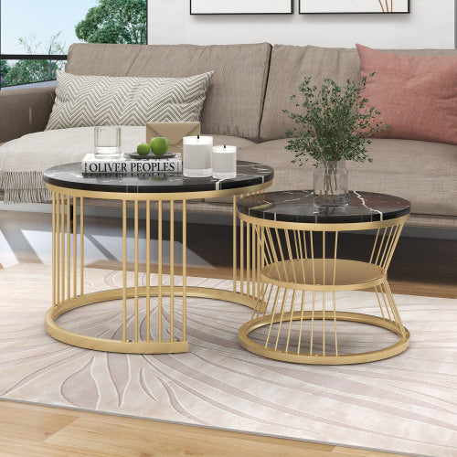 Modern Nesting Coffee Tables- Marble Veneer, BlackGolden Frame, Round Side Tables-Set of 2