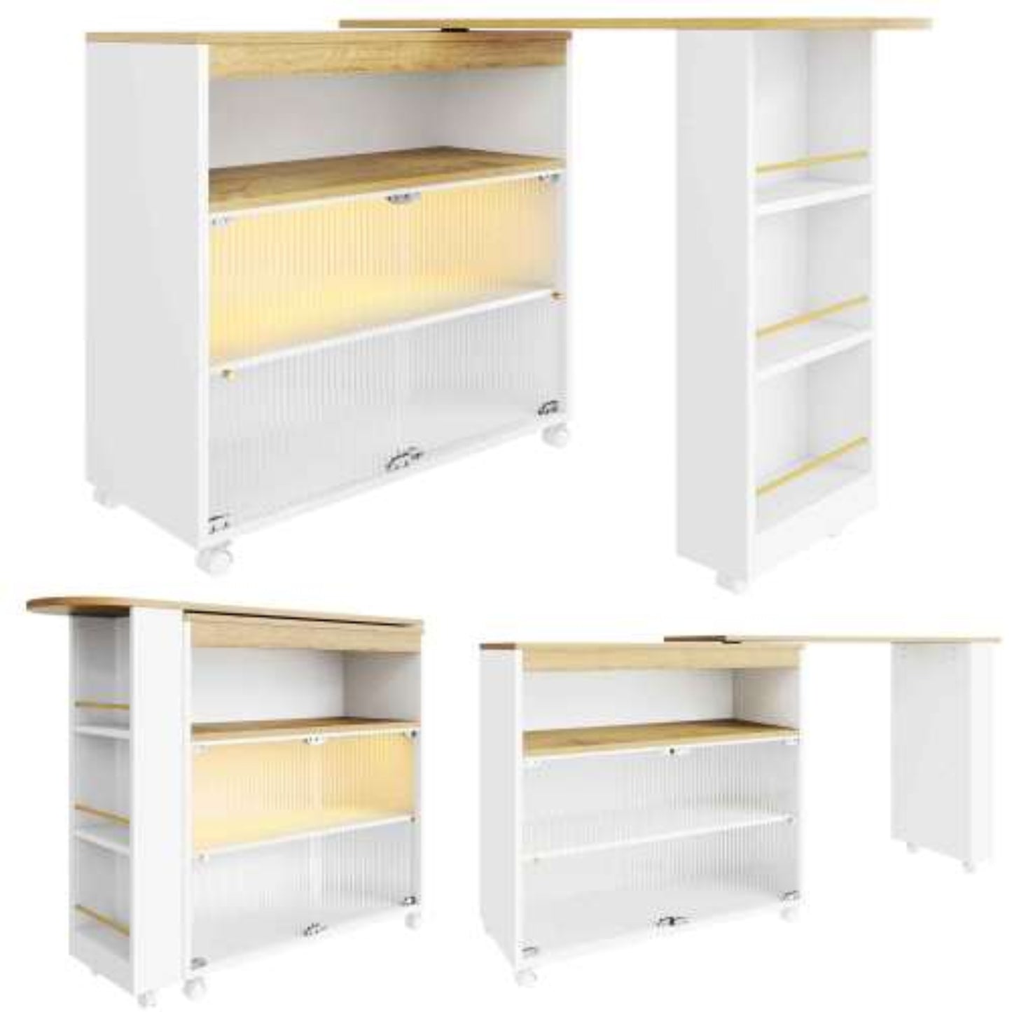 White Extendable Bar Table-Storage, LED, Telescopic, Modern 138-204x39x105cm