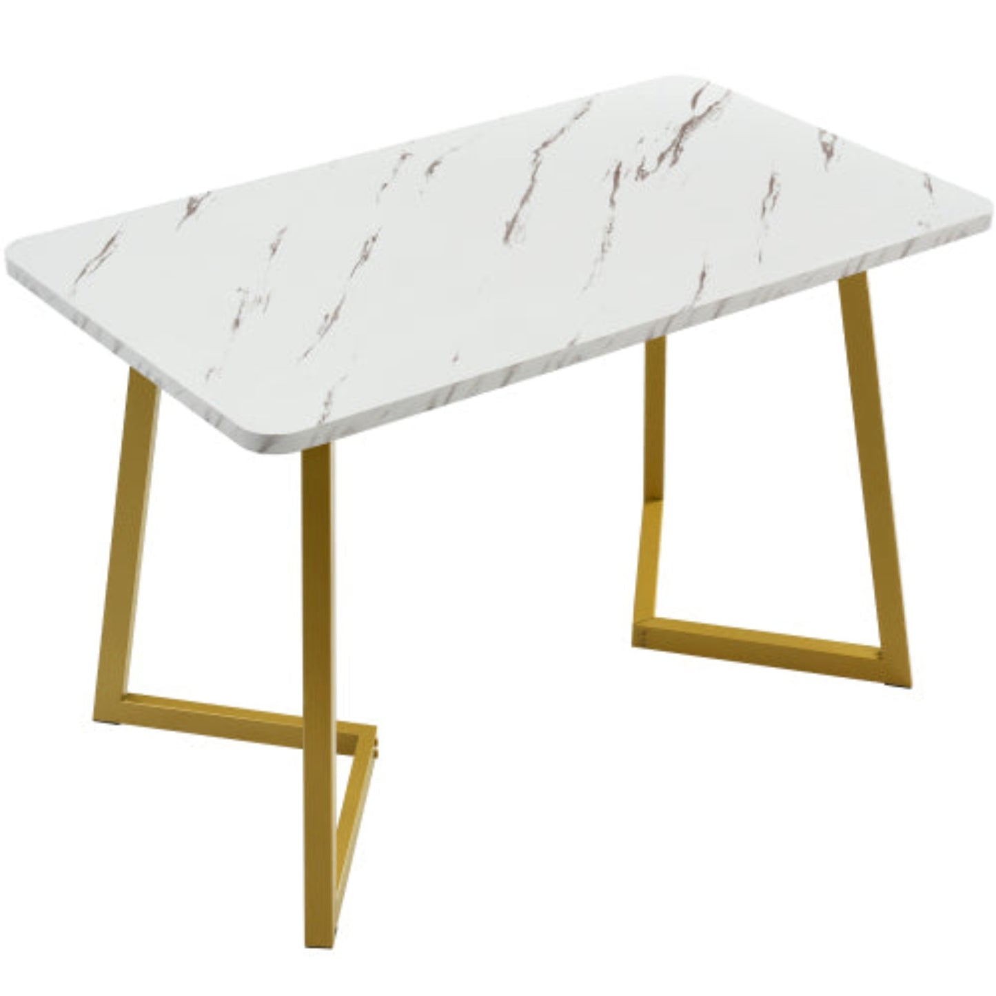 (p)Modern Marble-Pattern Dining Table-White with Golden Accents, Metal Frame, Perfect for Dining Living Rooms