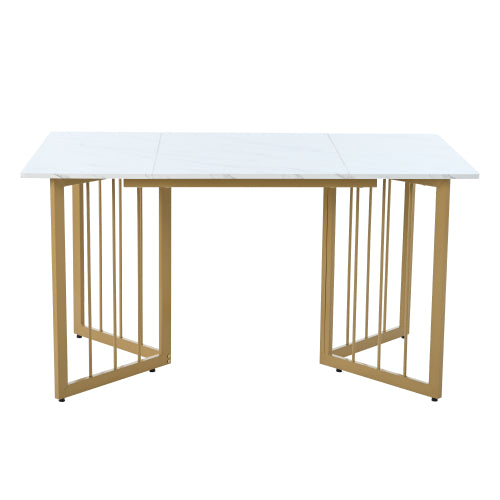 (p) Luxe Dining Table-White Marble Pattern, V-Shaped Metal Legs, Adjustable Feet, Golden Highlights