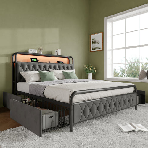 Modern Velvet Double Bed-USB Type C Charging, APP-Controlled LED, Metal Frame, 4 Drawers