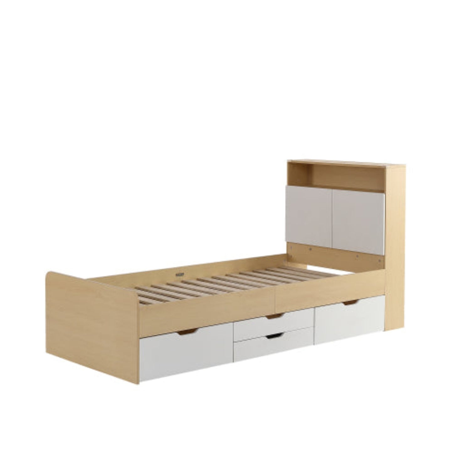 Youth Panel Bed with Flap Shelf Headboard, 4 Drawers, and Shock Protection - White Light Oak