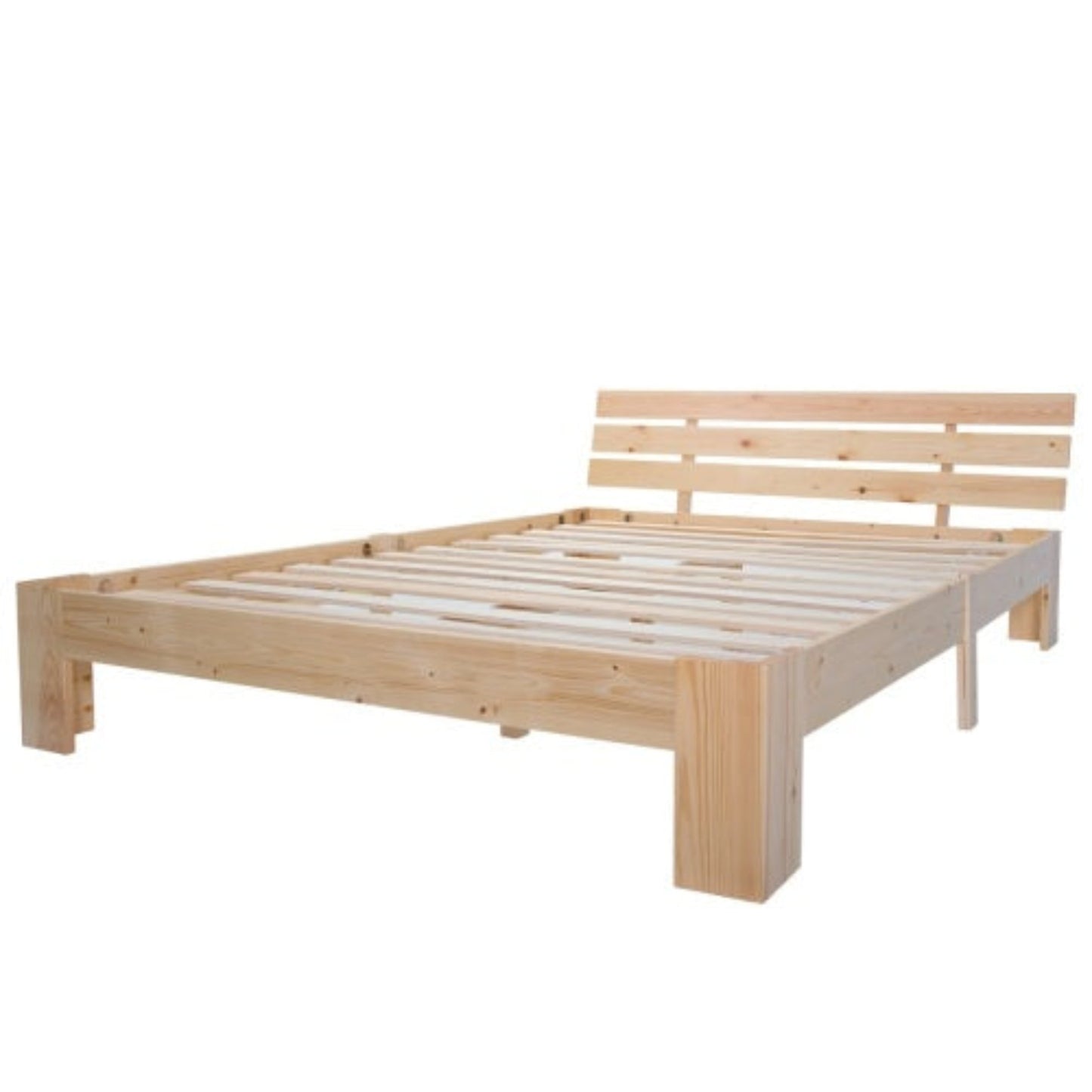 140cm Solid Pine Double Bed,Slatted Frame, Headboard, Grey-Beige Upholstery