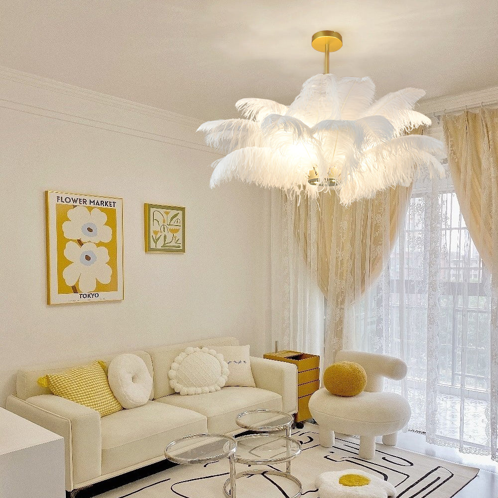 (M)White Feather Chandelier Modern Brass Pendant Light LED for Bedroom Living Room