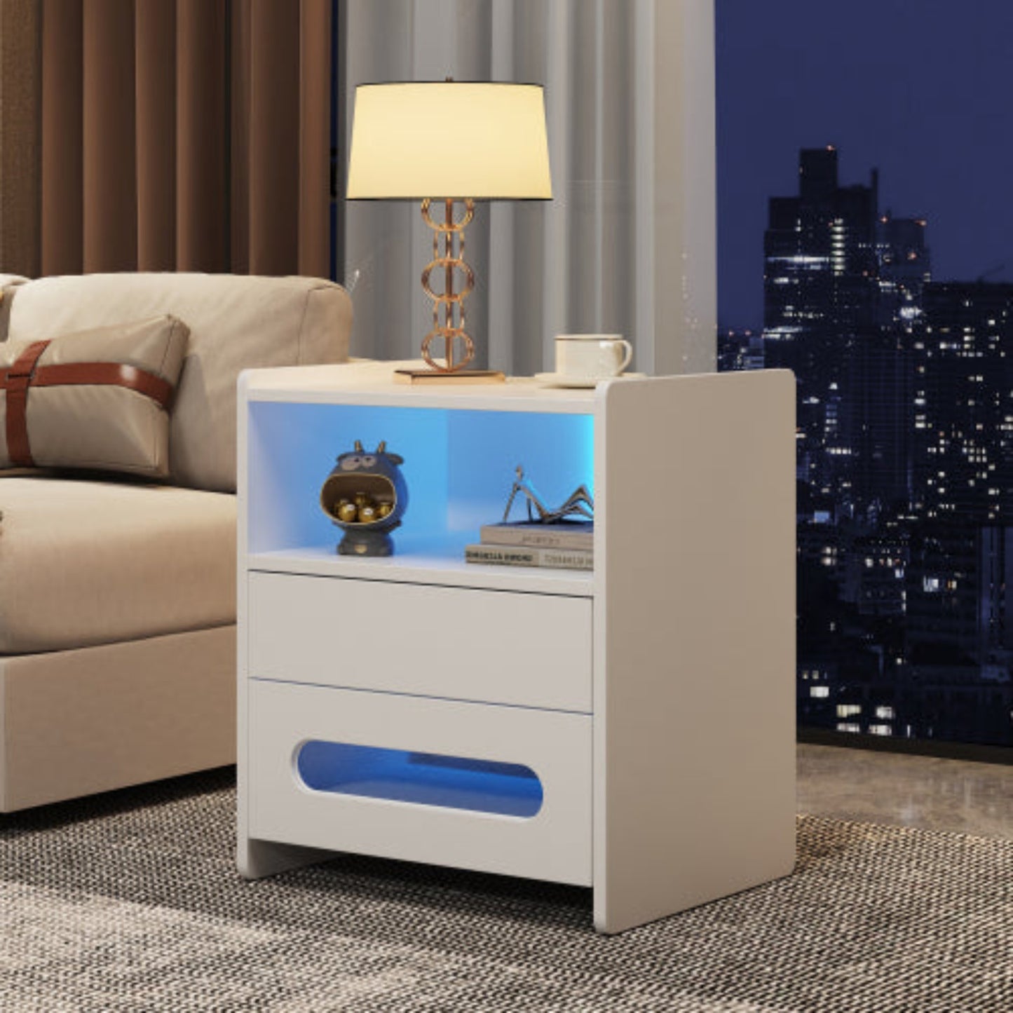 High Gloss LED Bedside Tables-Modern 2-Drawer Nightstands with LED Lighting, White-Set of 2