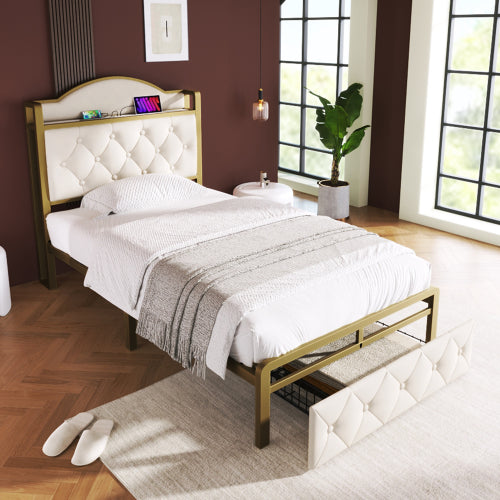 Light Beige Single Bed-USB Type C, Storage Drawers, Slatted Metal Frame -Mattress Not Included