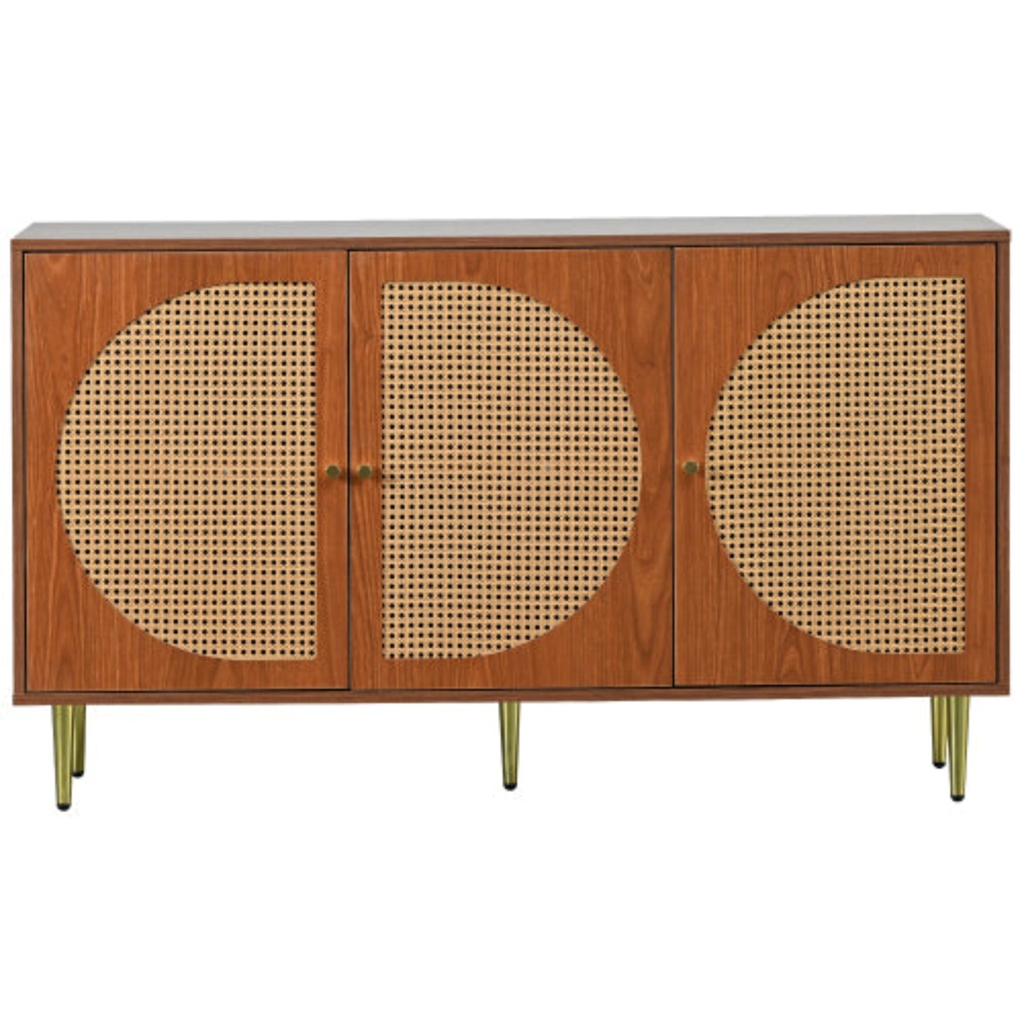 Walnut Sideboard,3 Rattan Doors, Metal Handles, Chest of Drawers,129.8x40x76cm