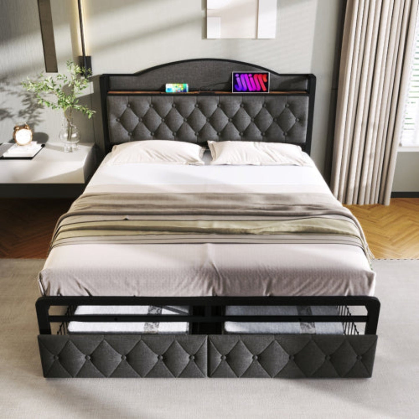 Grey Upholstered Double Bed-USB Type C Charging, Storage Drawers, Slatted Metal Frame