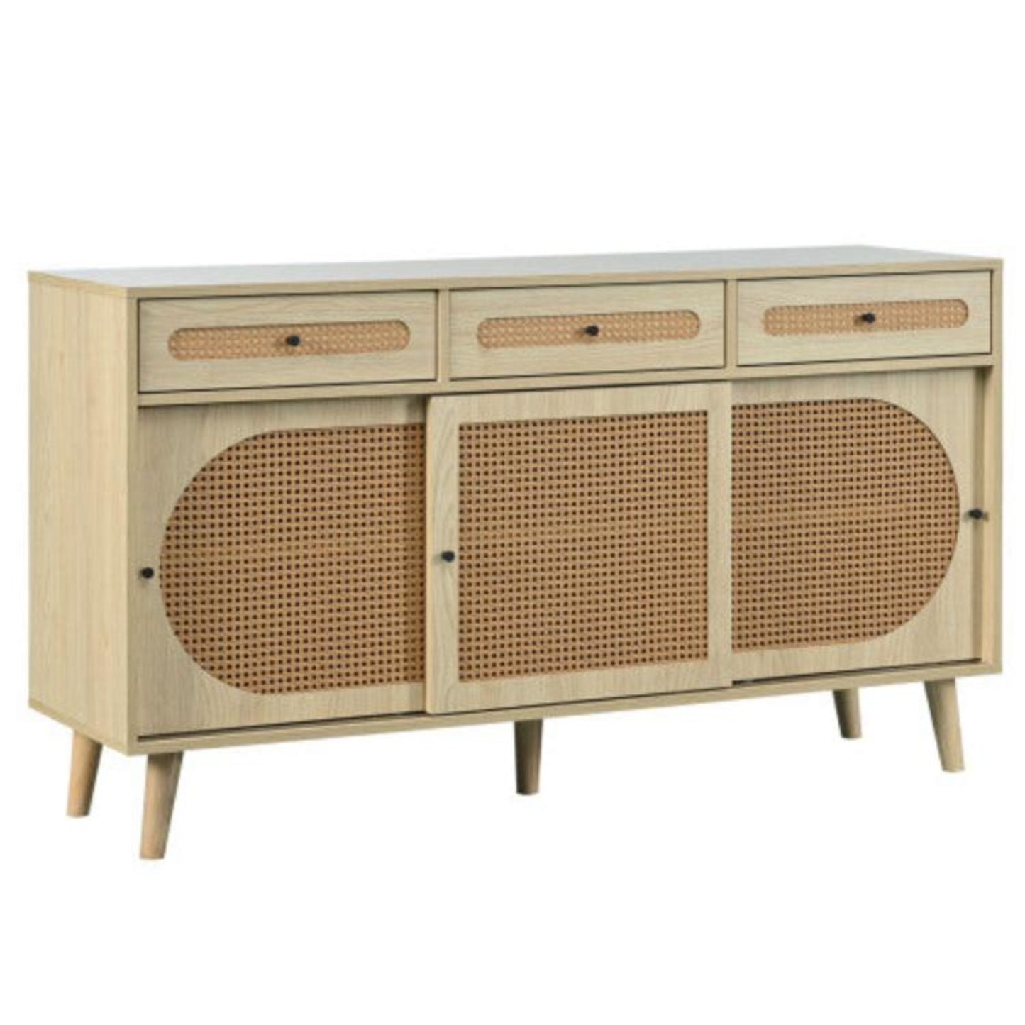 140cm Wooden Sideboard,PE Rattan Doors, Adjustable Shelves, 3 Drawers, Sliding Doors