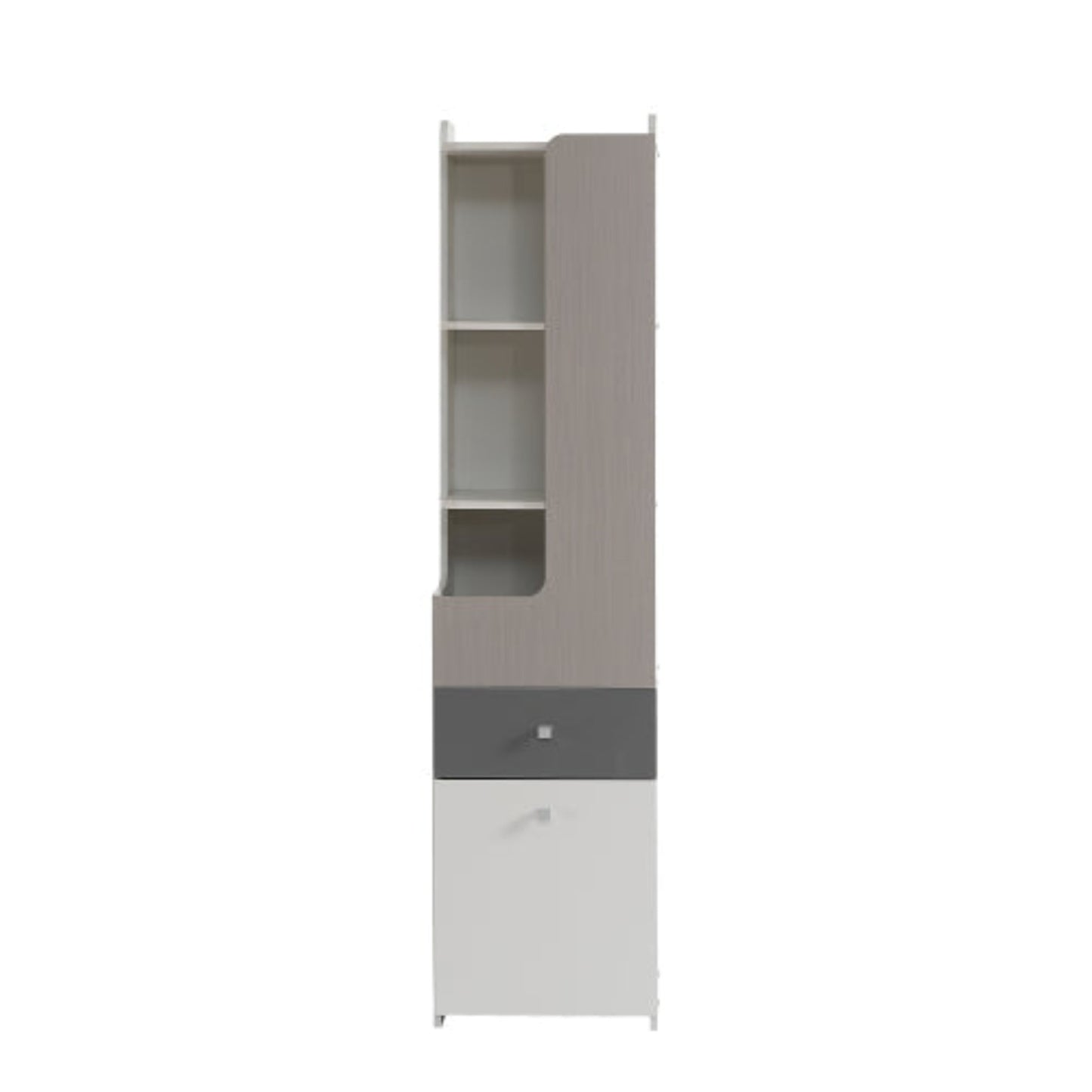 L-Shaped Teenager Bookcase with Drawer, Hinged Doors, and Metal Knobs - White Light Elm Gray