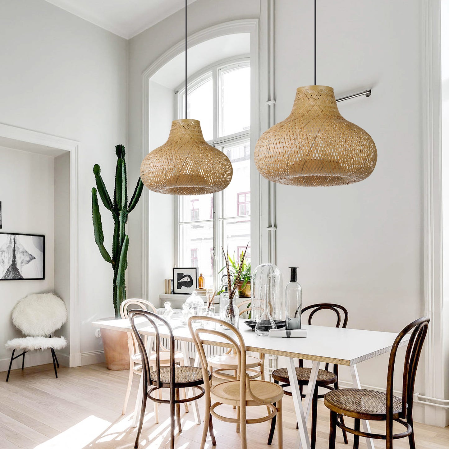 (Q)15.75 Inch Hand Woven Rattan Pendant Light, Bohemian Style Rattan Pendant Light, Suitable for Dining Rooms, Kitchens, Islands, Living Rooms