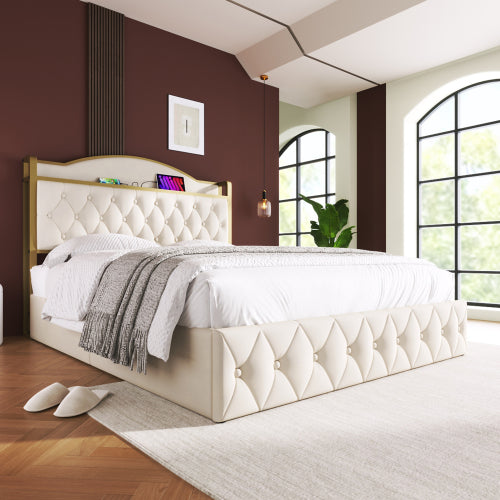 Light Beige Double Bed-USB Type C, Storage, Slatted Metal Frame-Mattress Not Included