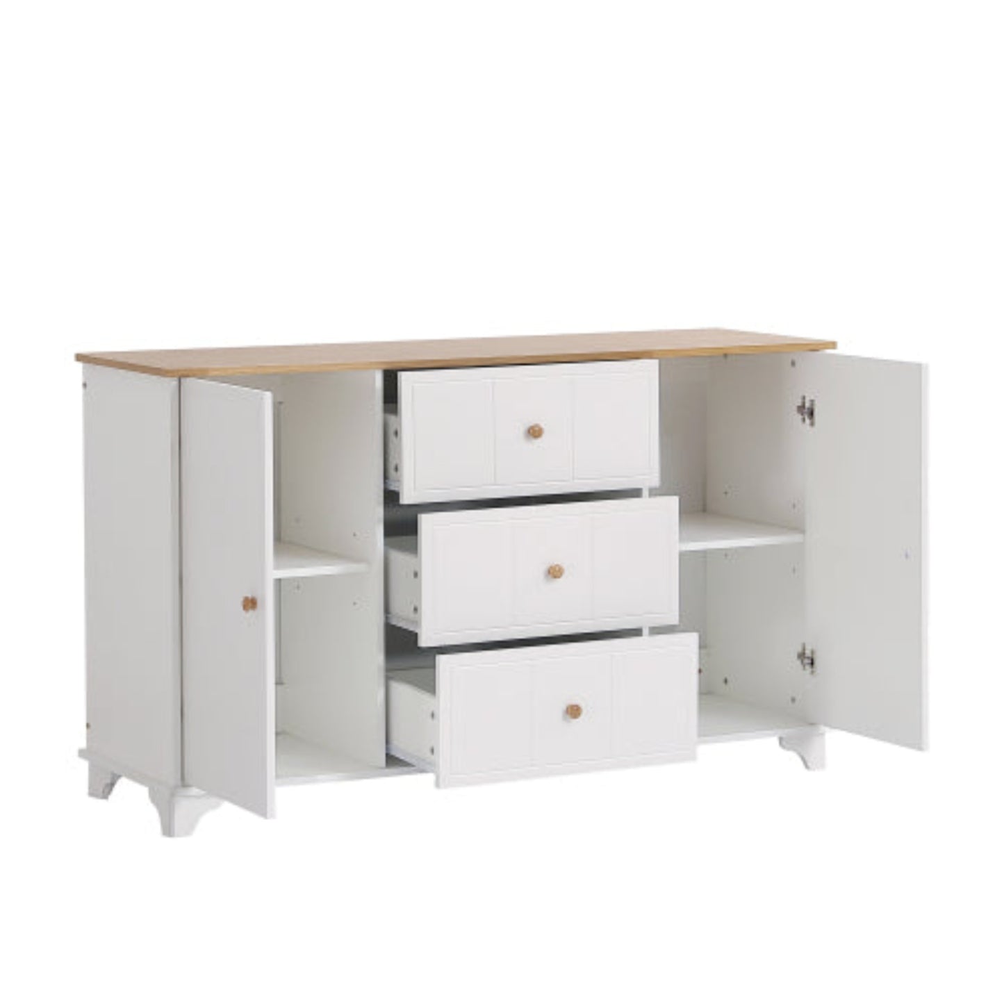 Classic Commode,3 Drawers, 2 Doors, Natural Handles, White,Natural Finish