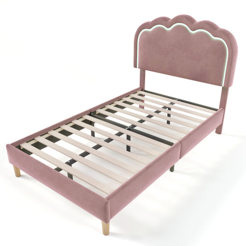 Pink Velvet Single Bed with LED, Adjustable Headboard, Slatted Frame, YouthGuest Room Bed Frame