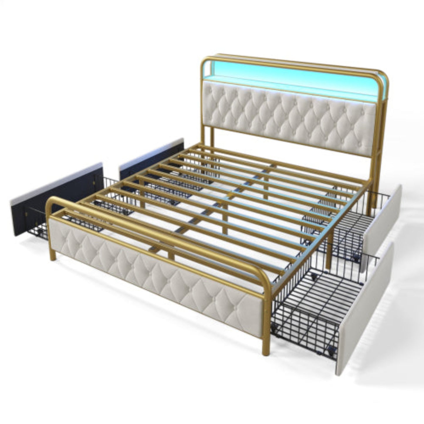 Double Upholstered Bed with USB Charging, APP-Controlled LED, Metal Frame, Velvet, 4 Drawers