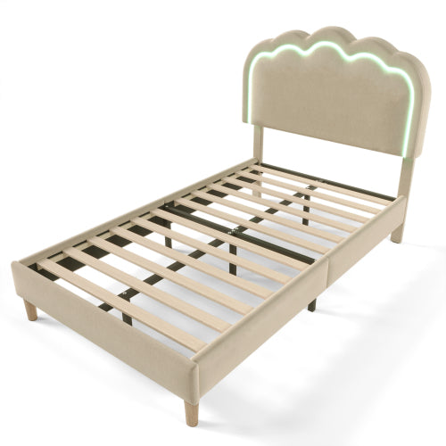 Beige Upholstered Single Bed with LED, Adjustable Headboard, Slatted Frame, YouthGuest Room Bed, Linen Material