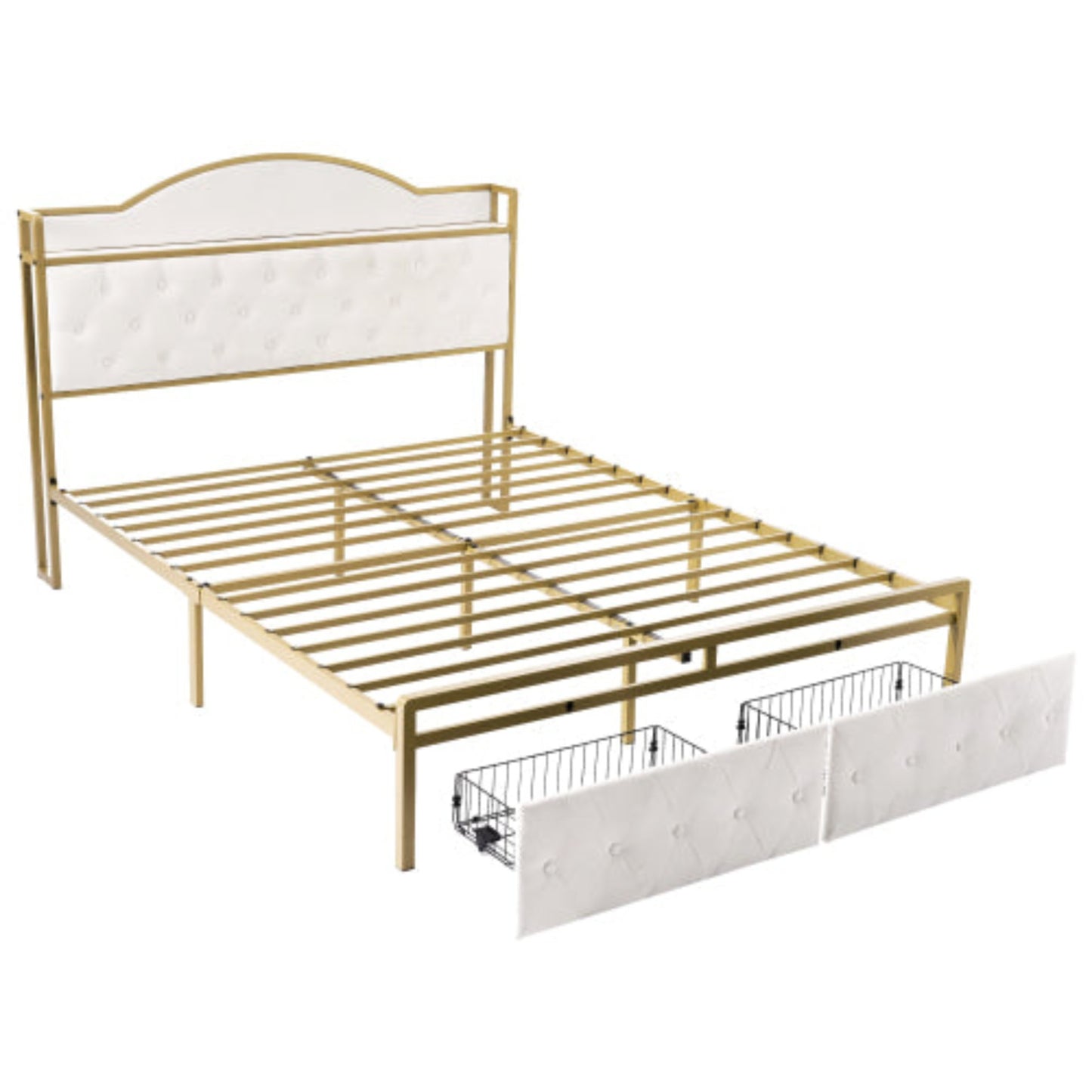 Light Beige Upholstered Double Bed-USB Type C Charging, Storage Drawers, Slatted Metal Frame