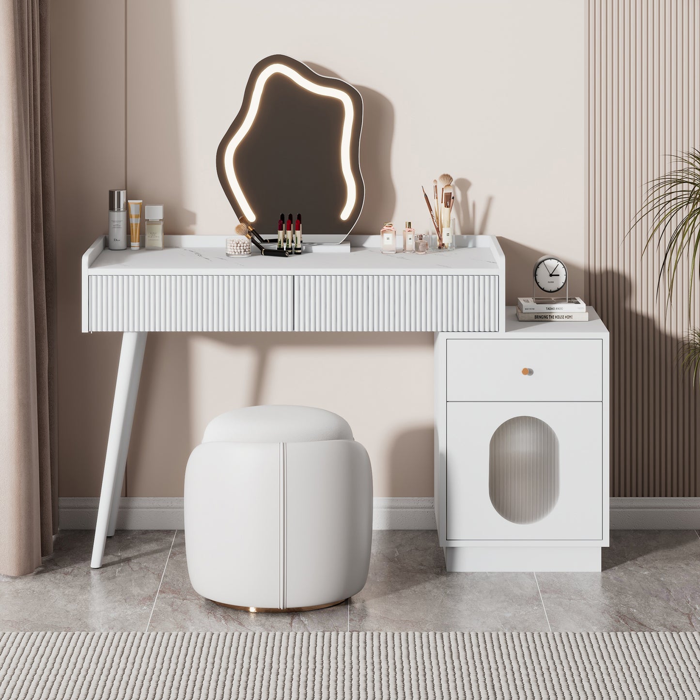 White Bedroom Dressing Table Set with LED Mirror