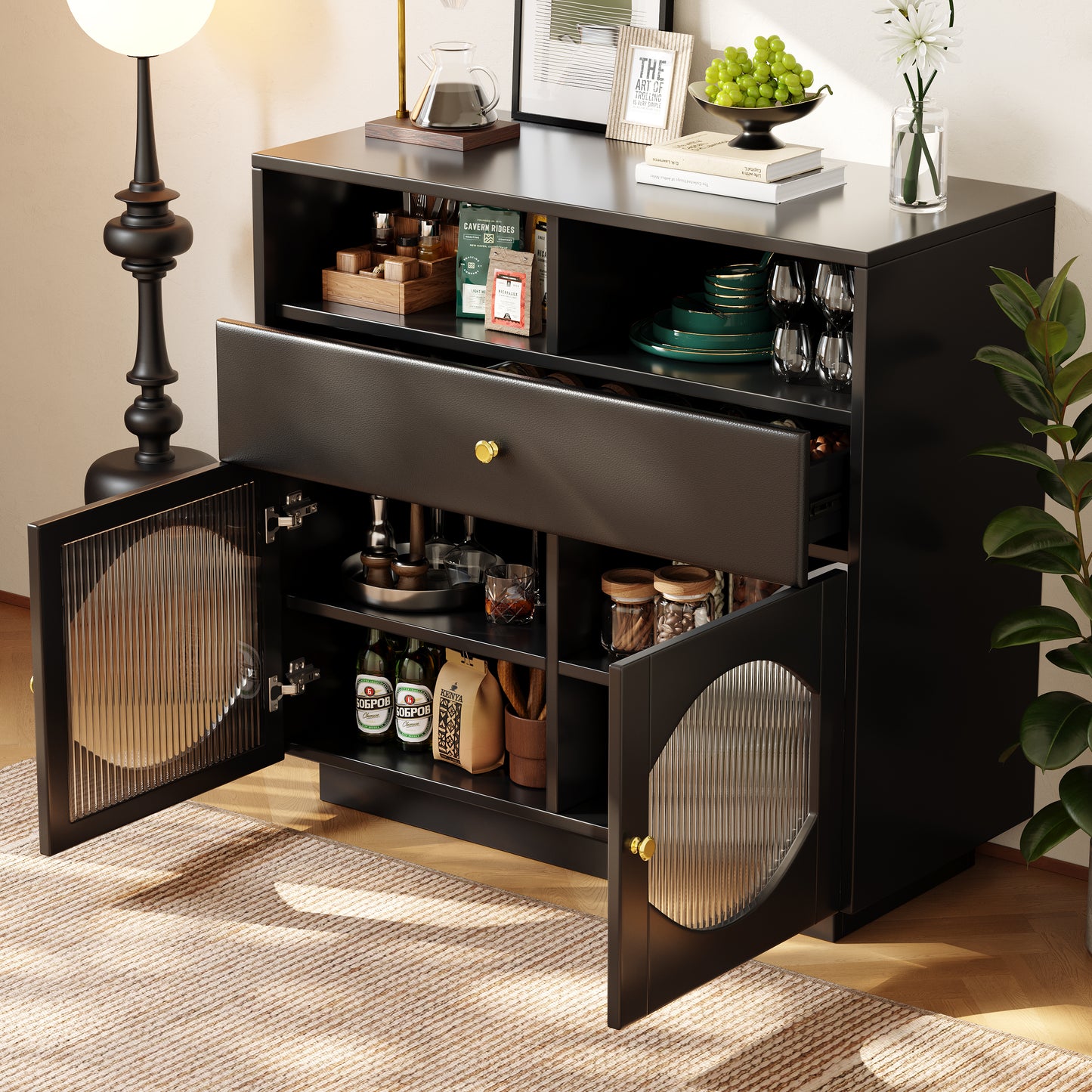 Modern Black Glass-Door Sideboard Buffet Cabinet