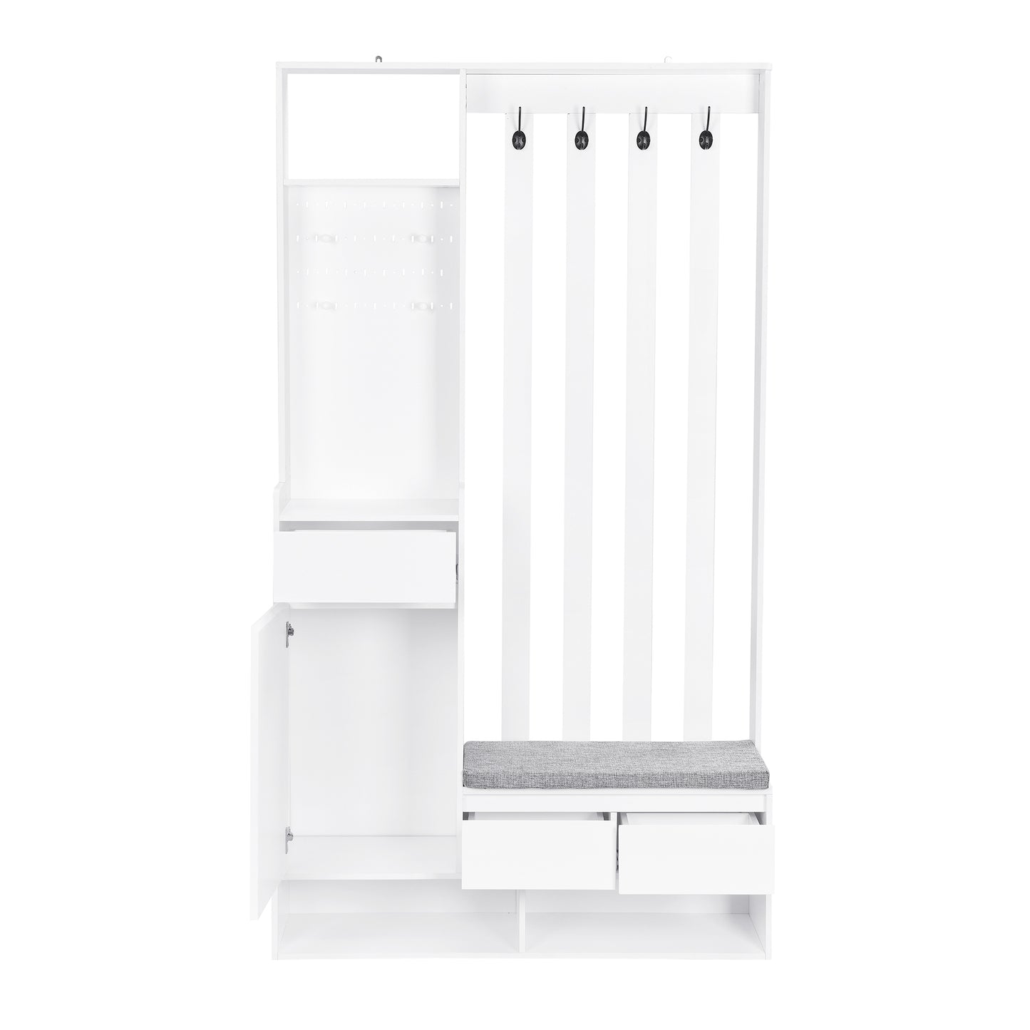 Modern White Hallway Furniture Set - Coat Rack, Shoe Cabinet, Padded Bench