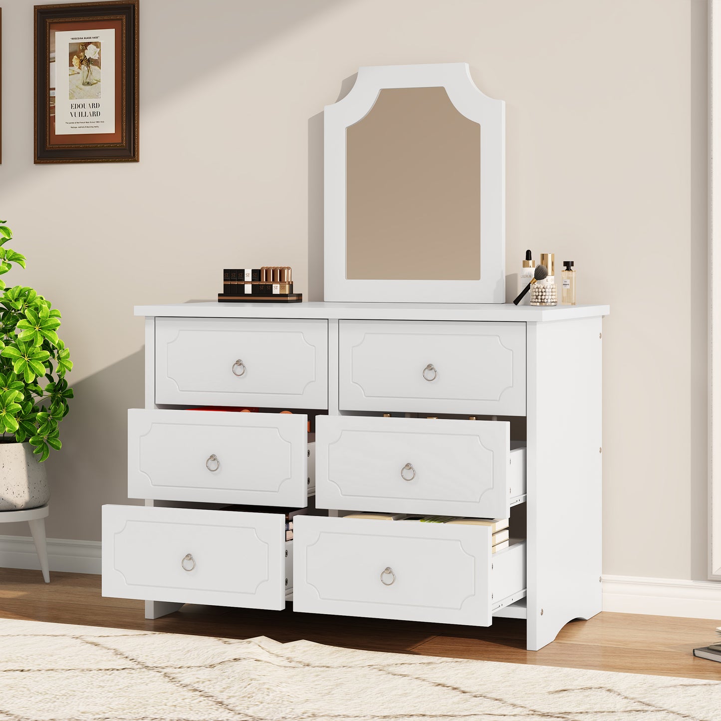 White Mirror Cabinet: Versatile 6-Drawer Chest for Living & Bedroom