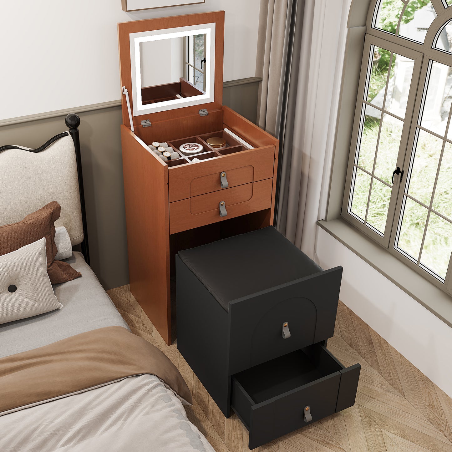 Multifunctional Black-Brown Dressing Table with LED-lit Mirror and Storage Stool