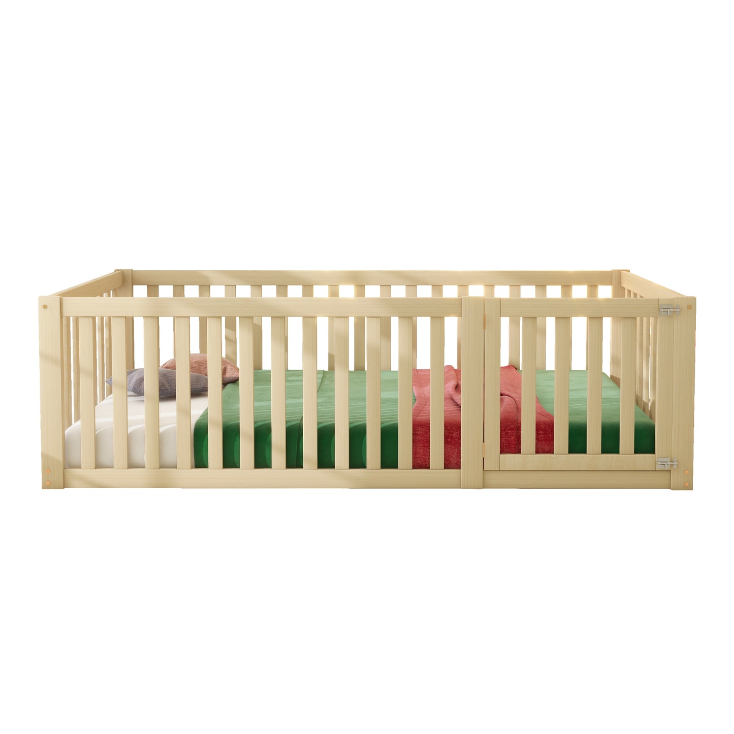 Children's Wooden Floor Bed Frame with Fence and Door - 90x200 cm