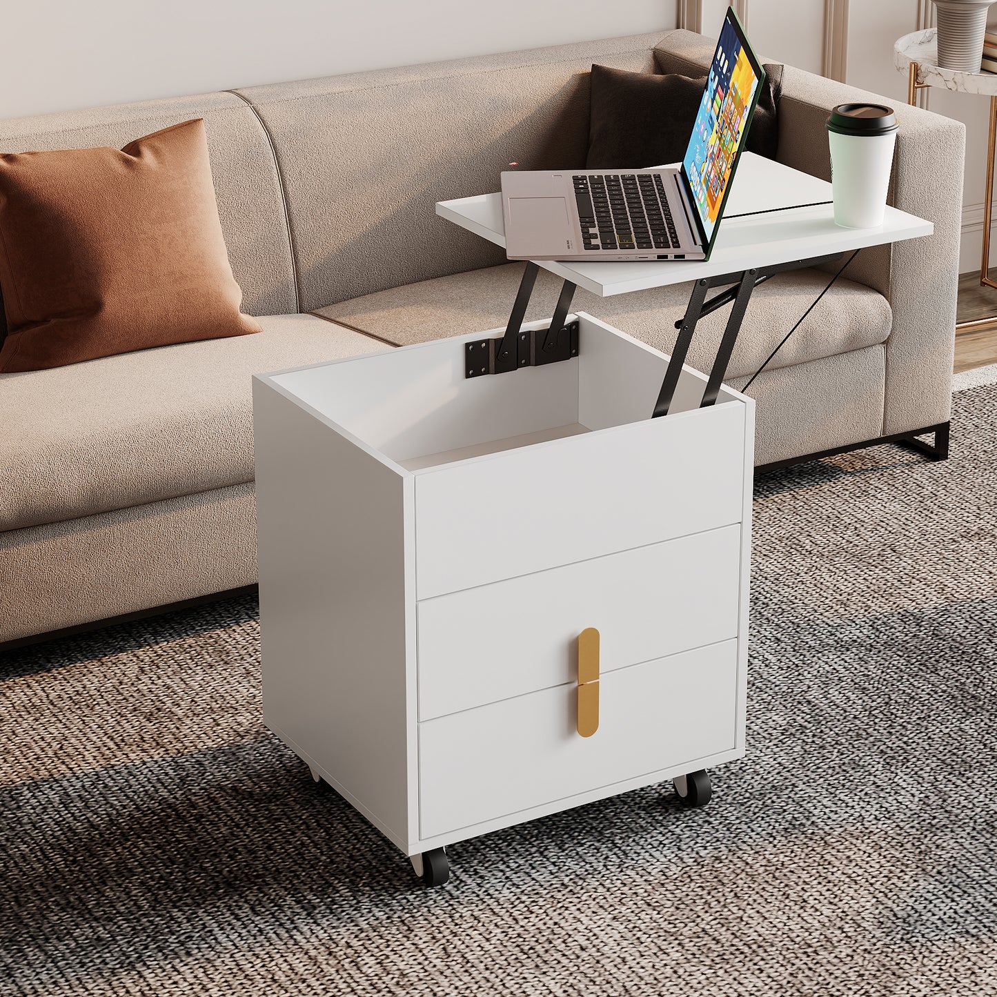 White Modern Bedside Table with USB Charging, Lifting Table, and Movable Pulley Design