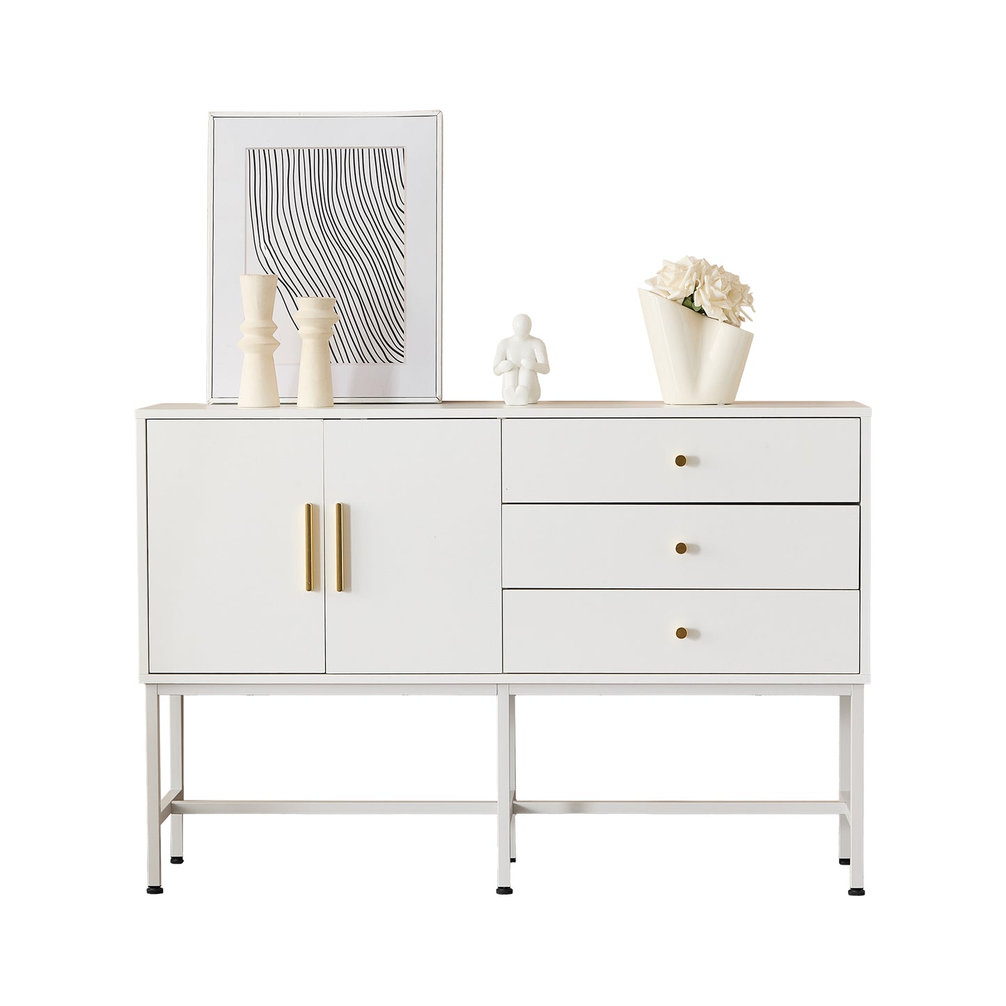 Elegant White Sideboard Cabinet with 2 Doors & 3 Drawers, Gold Handles, Metal Feet, 120cm Wide