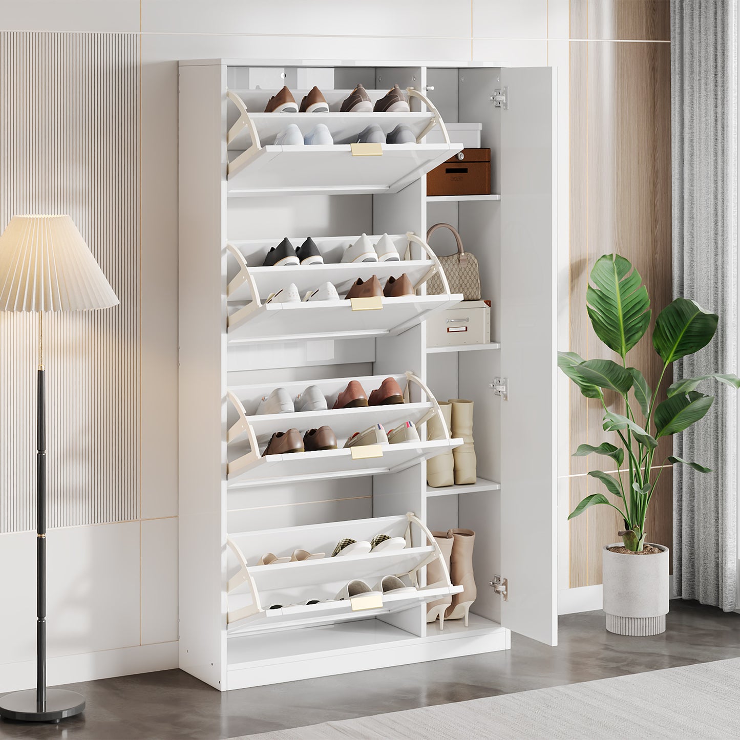 Modern White Shoe Cabinet with Mirror and Foldable Storage - Ideal for Hallway