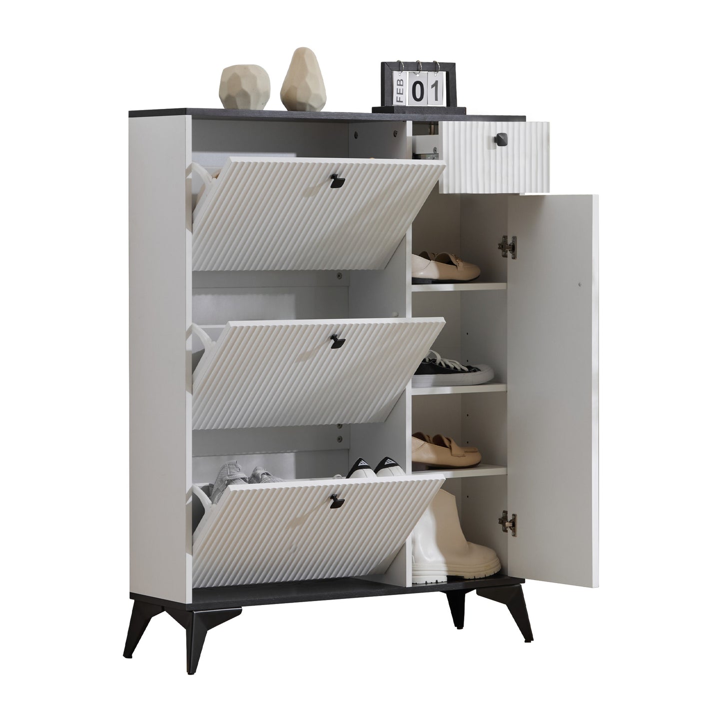 White Narrow Shoe Cabinet with 3 Flaps, 1 Drawer, and 1 Door