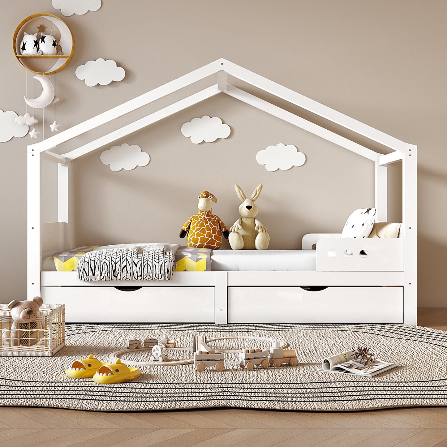 90x200cm White Pine Children's Bed with Double Drawers & Fall Protection