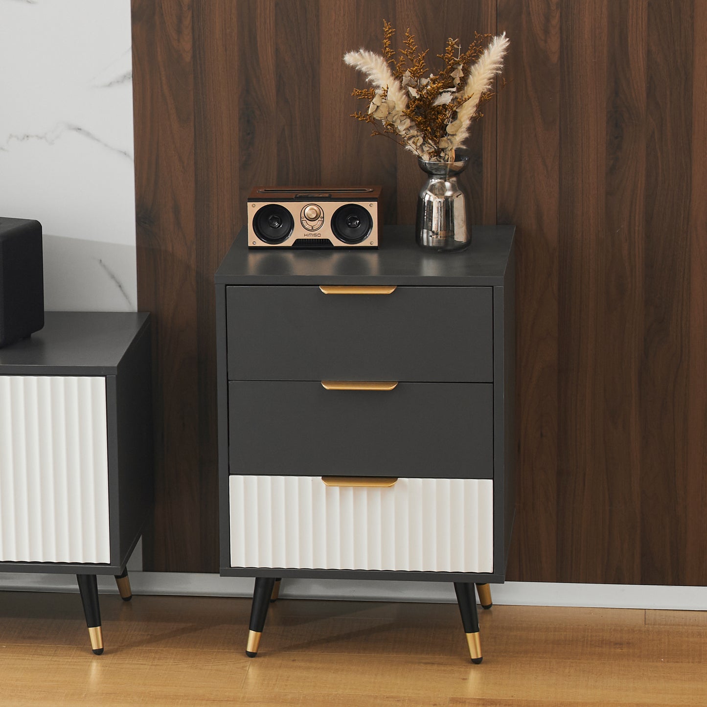 (Z)Elegant Grey and White Side Cabinet 45x40x65 cm - With 3 Drawers and Golden Accents Versatile and Safe Sideboard Side cabinet Sofa Table or Bedside Table