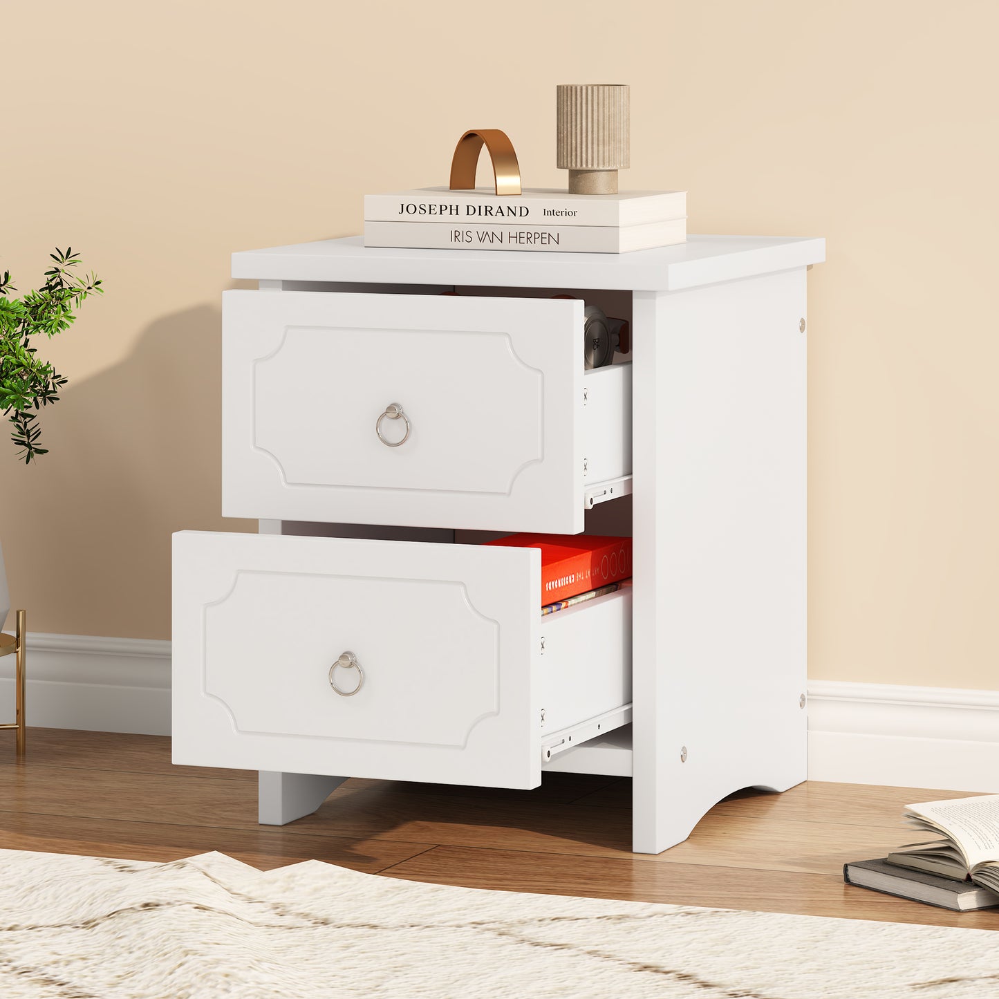 White 2-Drawer Bedside Table with Silent Glides and Embossed Edge