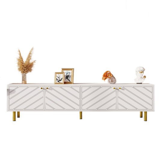 Elegant White 4-Door TV Cabinet with Gold Hardware for Versatile Interiors