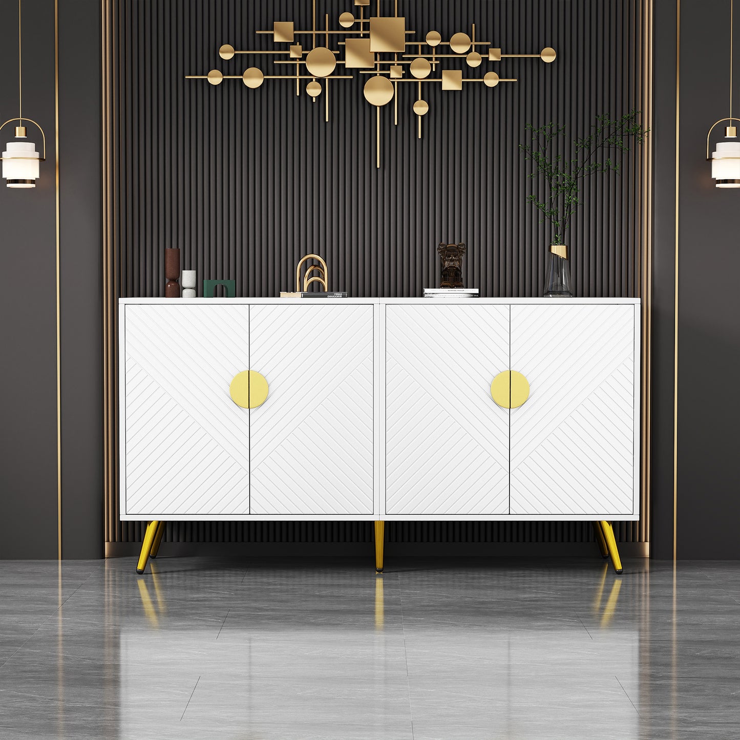 Luxurious White and Gold Side Cabinet with Bias Stripe - Versatile Storage Solution