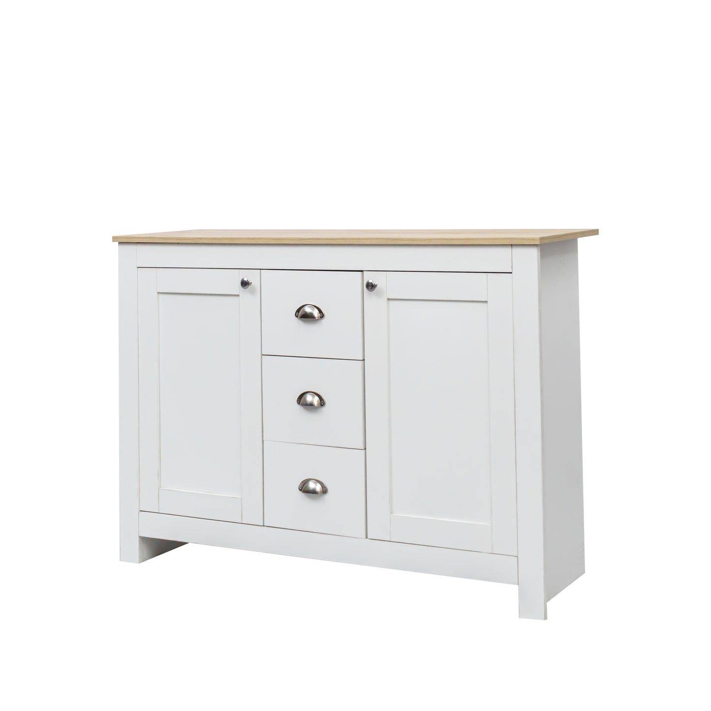 116cm Warm White Wooden Sideboard with 2 Doors, 3 Drawers,Silver Handles