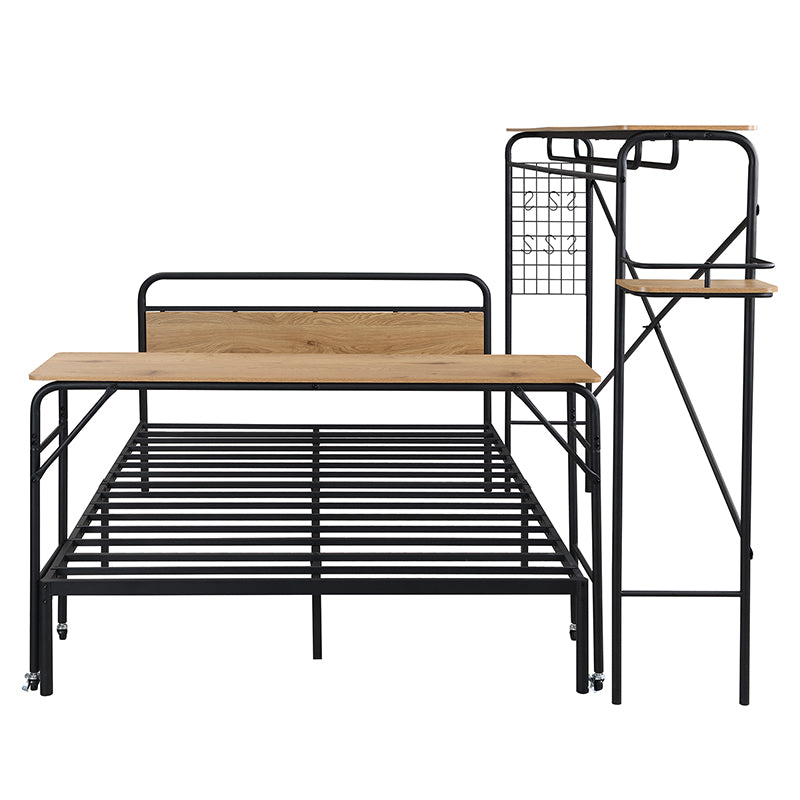 Black Metal Bed with Table, Vertical Coat Rack, and Storage - 140x200 cm