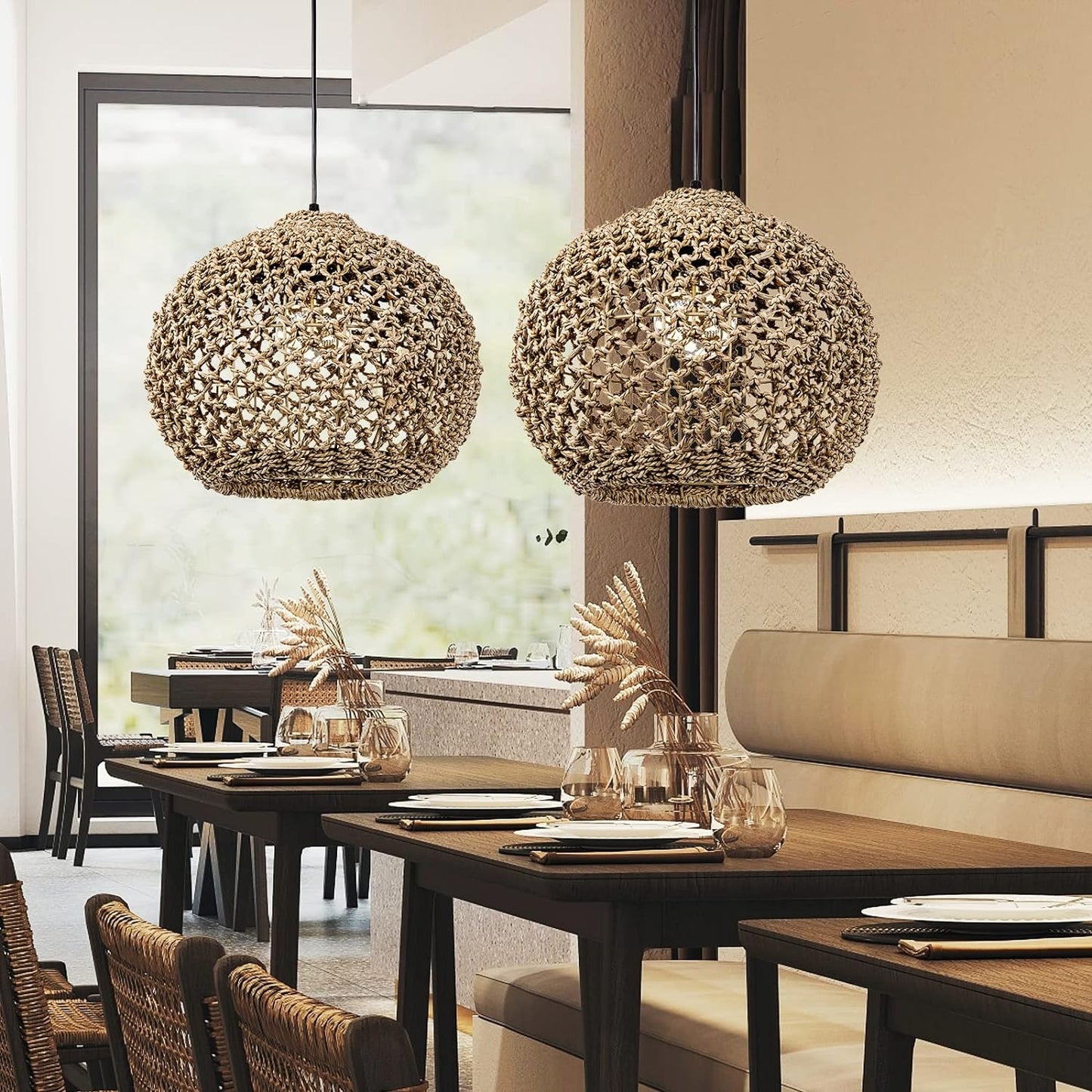 Ceiling Hanging Fixture Natural Seagrass Pendant Lighting Rattan Single Light Weaving Lampshade for Restaurant Bar