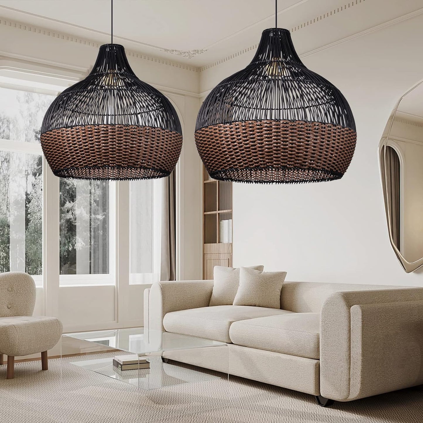 Arturesthome Rattan Pendant Light Fixtures Wicker Boho Black Basket Lighting Chandelier